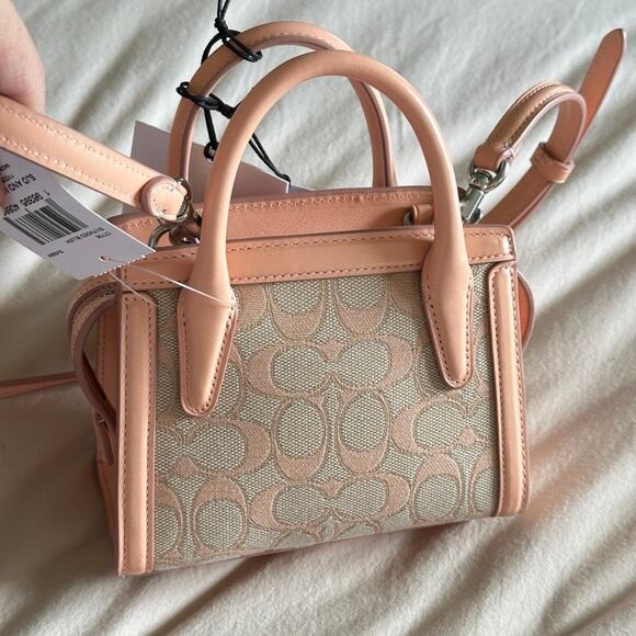 COACH Andrea Mini Carryall Signature Jacquard Peach Tan Refined Calf Leather NWT - Picture 6 of 15